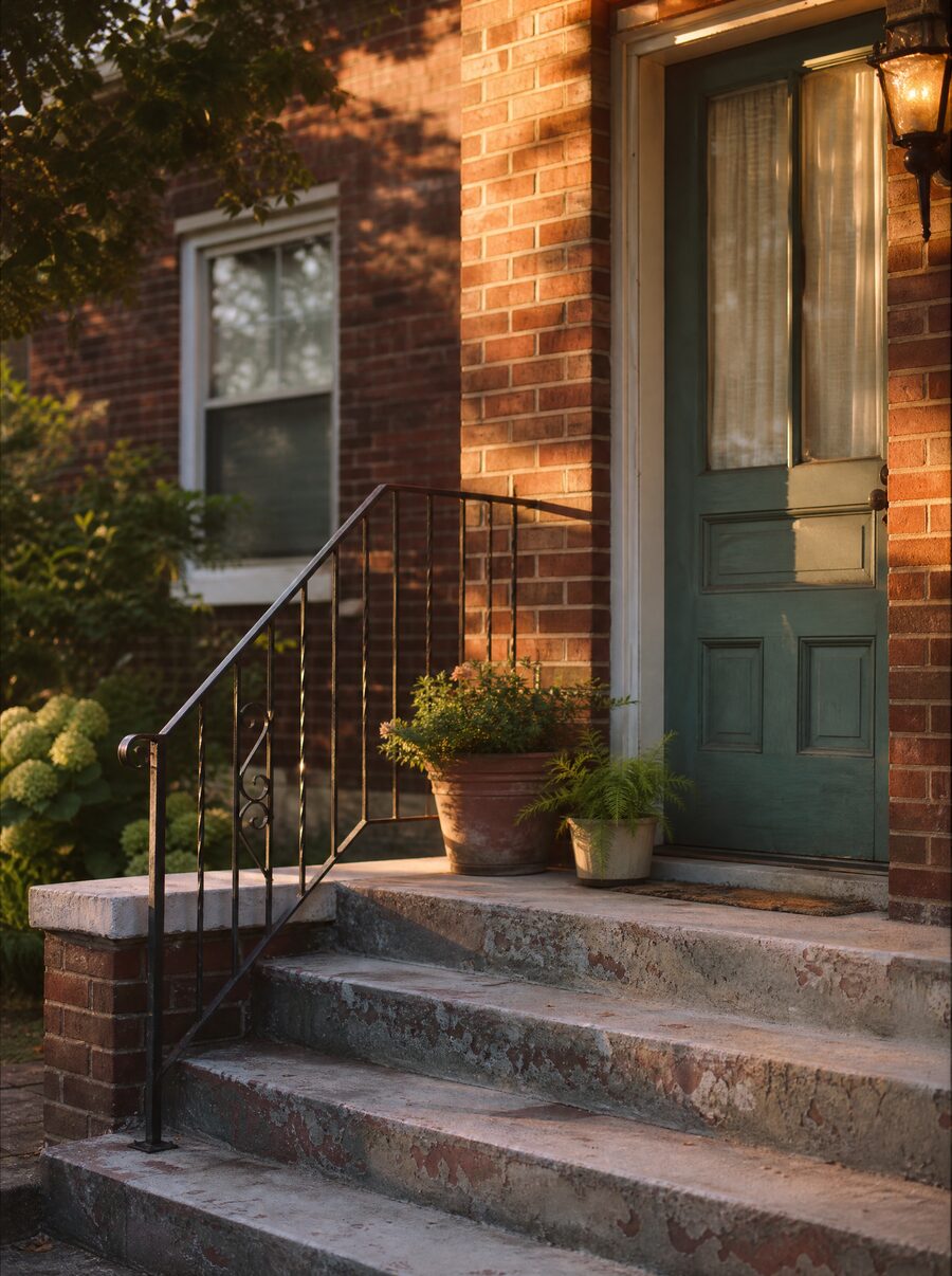 The front porch of a modest brick house in warm evening light, with a painted door and worn concrete steps.