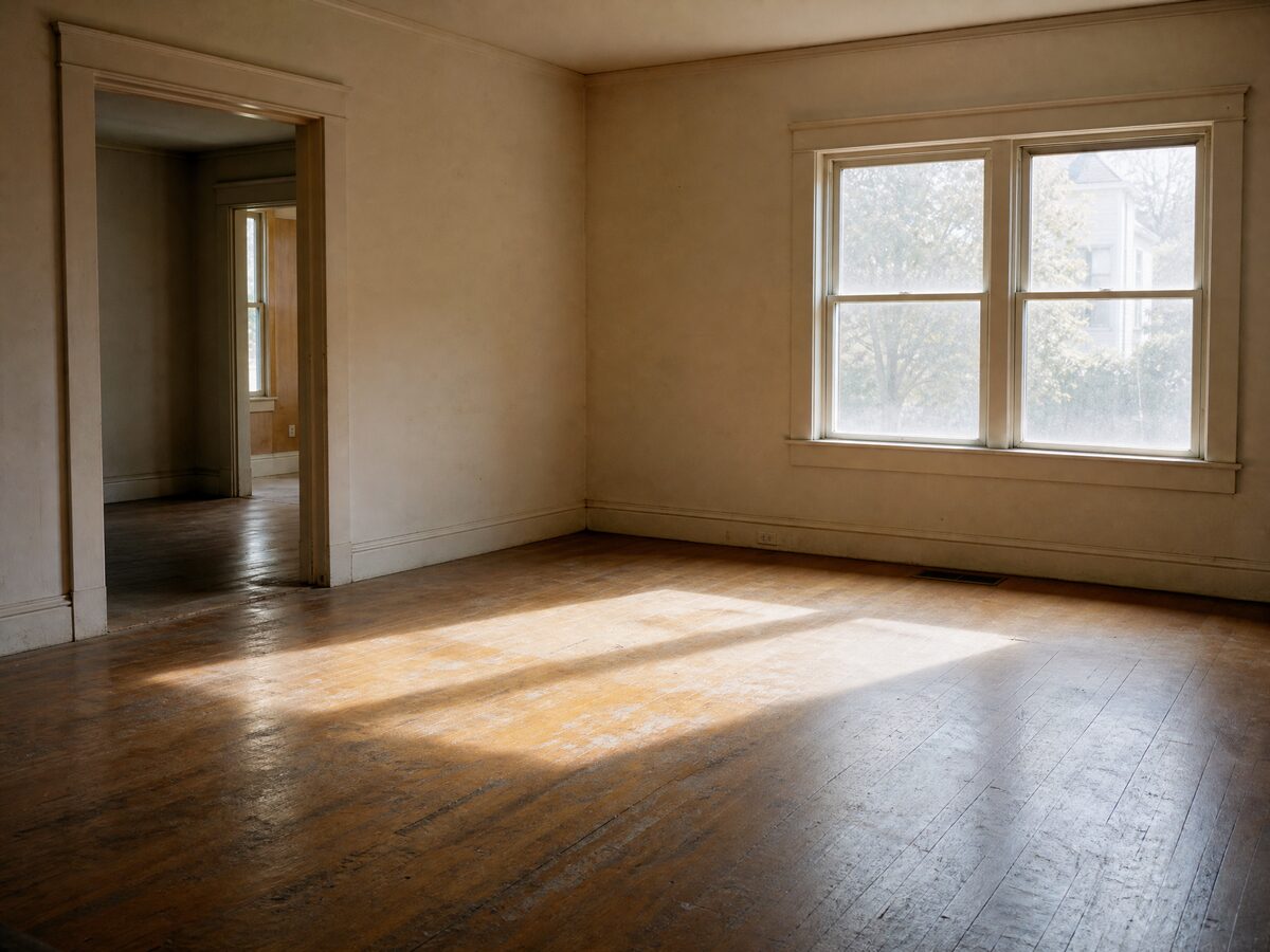An empty living room in an older house with bare hardwood floors and daylight falling through a large window.
